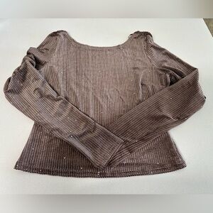 Lulu's Brown Long Sleeve Ribbed Top with Subtle Sparkle